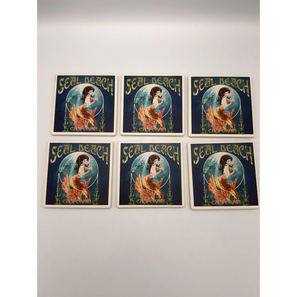 Seal Beach California Mermaid Ceramic Tile Coasters Set of 6 Cork Back Coastal